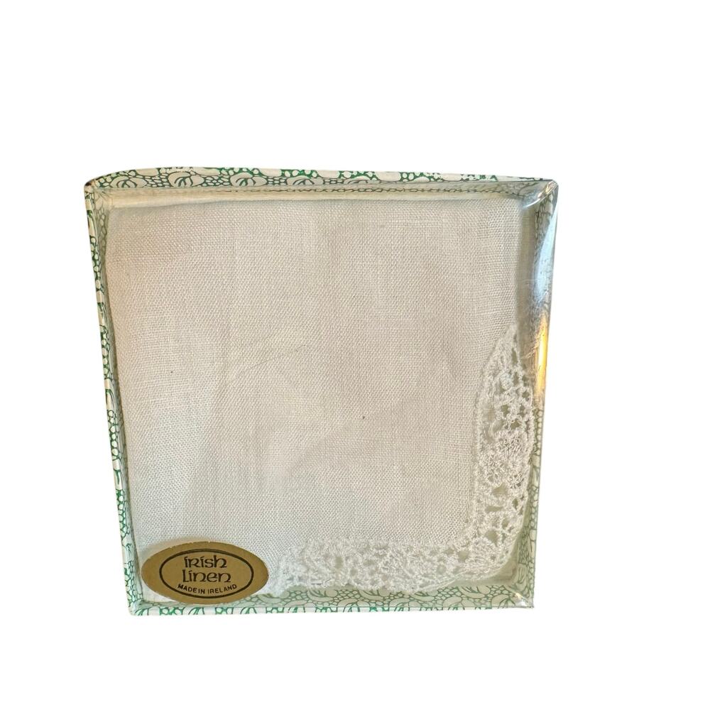 Vtg Irish Linen Wedding Handkerchief White Lace Trim Hanky Something Old